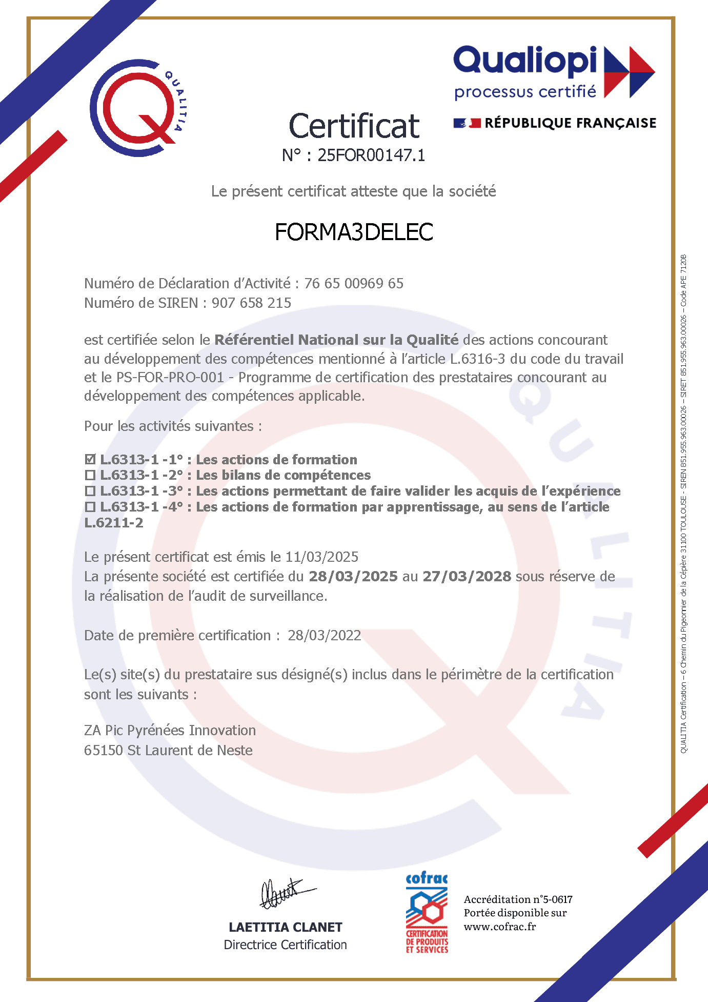 Certificat de conformité - Qualiopi Certificat Qualiopi 2025